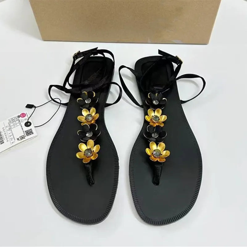 Luxury Crystal Flowers Decor Women Flats Sandals Sexy Ankle Strap Summer Beach Slides Fashion Streetwear Modern Sandals Shoes