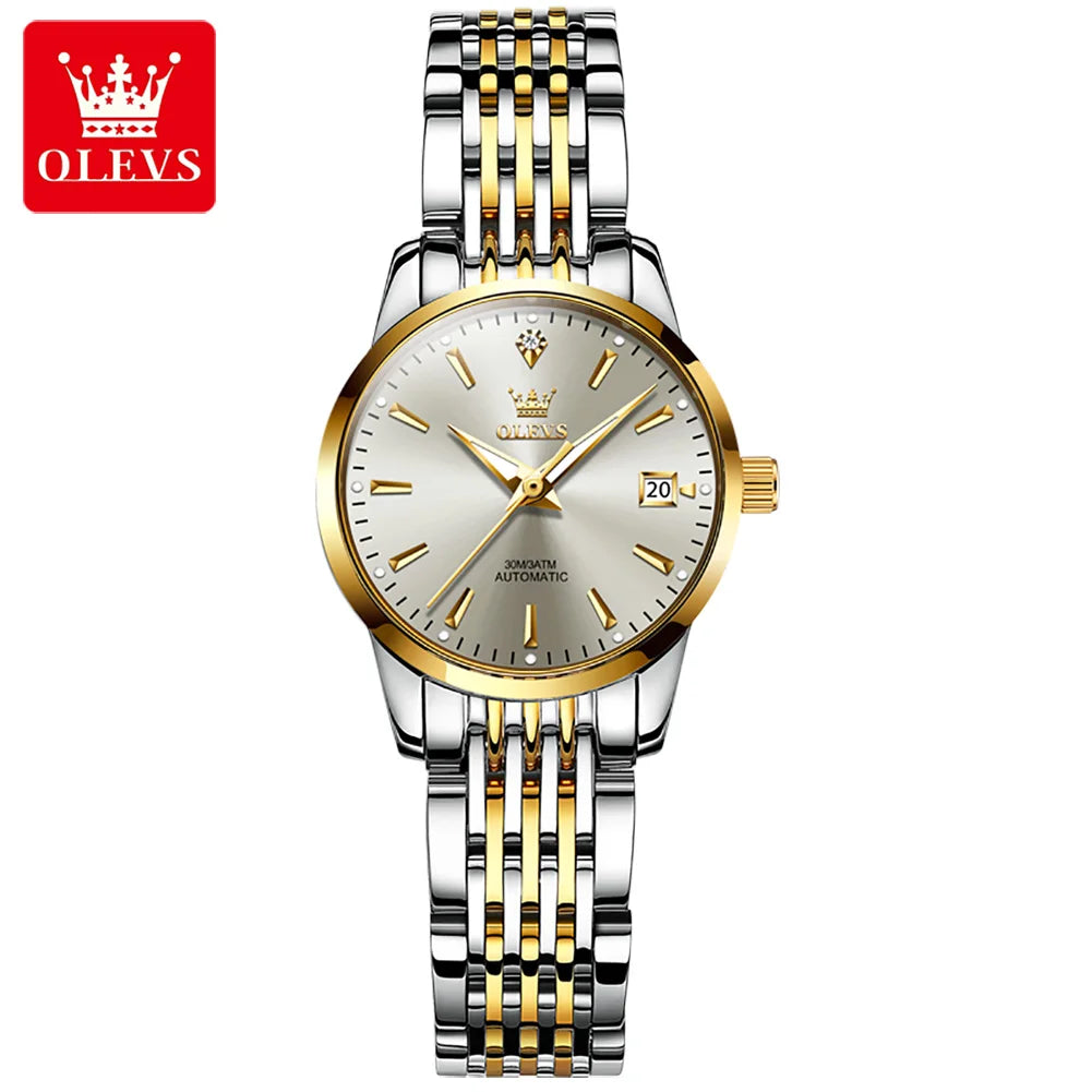 OLEVS 6635 Luxury Brand Ladies Watch Automatic Mechanical Wristwatch Waterproof Stainless Steel Watch For Women Chronograph Date