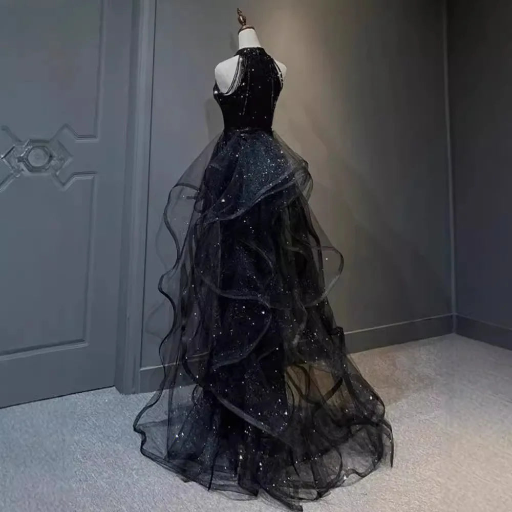 Black Sequined Evening Dress, High-end Light Luxury Hanging Neck Dress, High-end Feeling, Annual Meeting Art Exam for Women