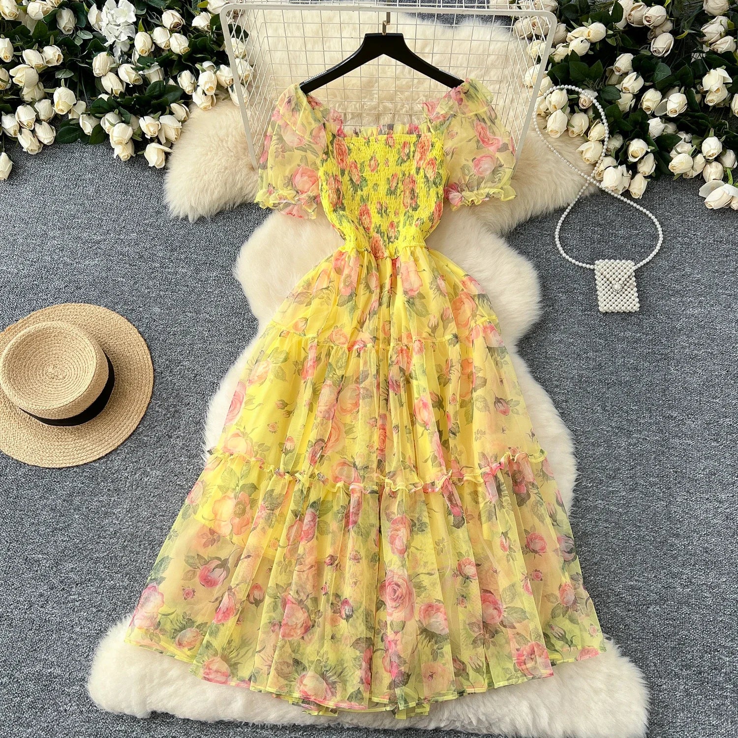 Retro Floral Chiffon Dr Women's Waist Cinched One oulder Bubble Sve Me Skirt Commute Korean Sle High Waist A-Line...
