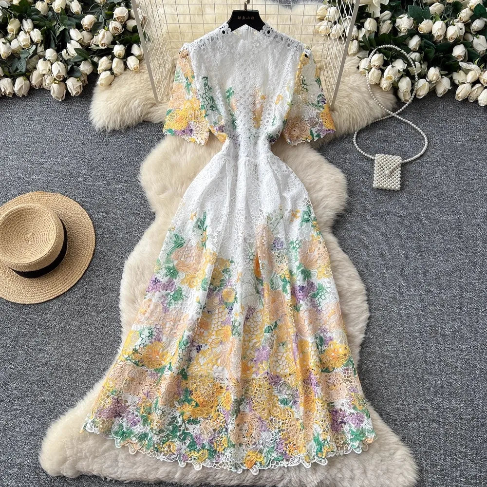 Designer Runway Summer White Flower Embroidery Evening Dress Women Short Sleeve Sexy Hollow Out Waist Long Vestidos Lace Dresses