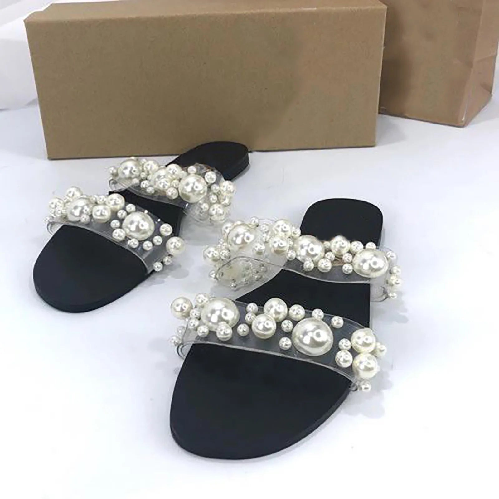 Bohemian Style Women's Pearl Open-Toe Flat Sandals Crystal Flip-Flops Summer New 2025 Transparent Flat Sandals