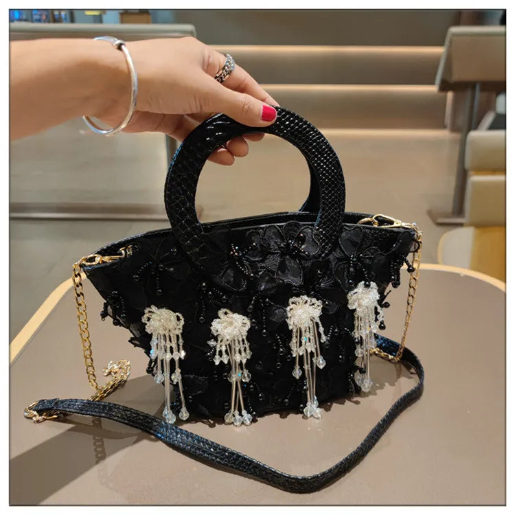 Tassel Flower Ita Bag Women New Shoulder Crossbody Sac A Main Lace Women's Bag Bucket Female Leather Handbag