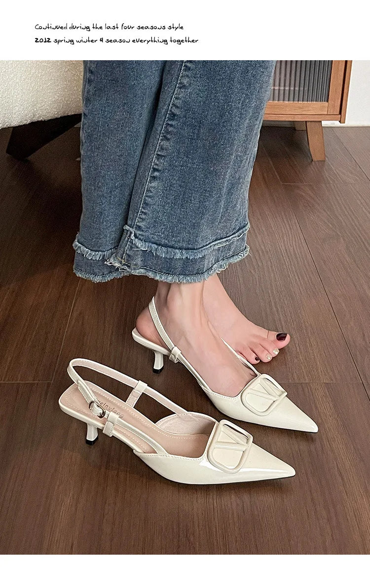 2025 Summer New 41-42 Large Size French Sandals Women's V Buckle Pointed Stilettos, Rear Empty Skirt High Heels