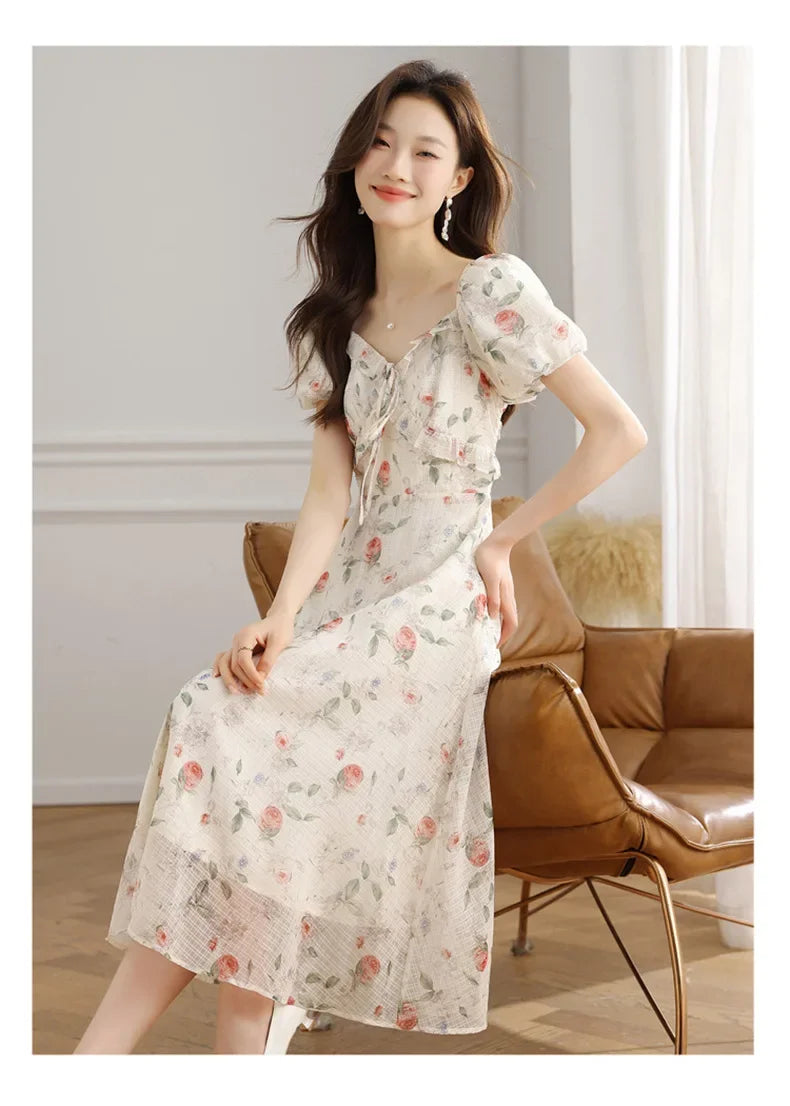 Elegant Summer Dress with Bubble Sleeves And Bellflower Pattern Slimming Empire Waist Knee-Length Polyester Fiber Short Sleeve