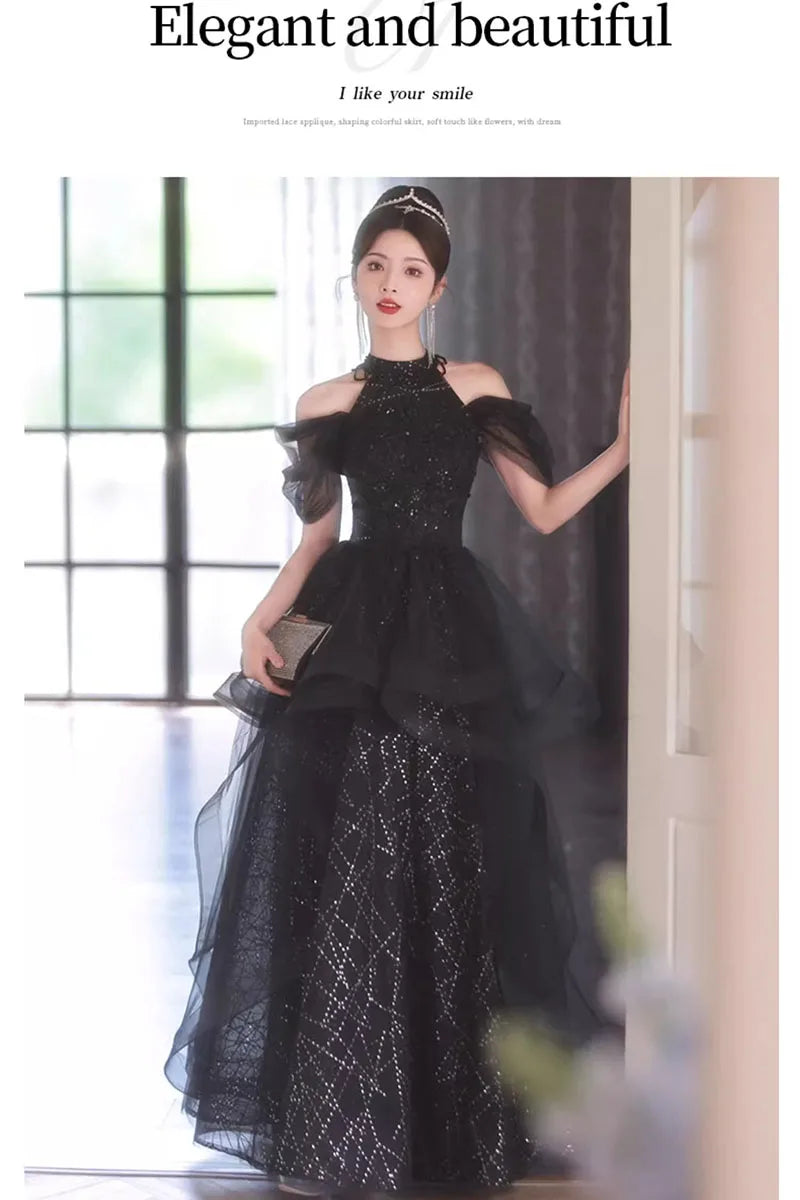 Evening Dresses Luxury 2026 Black Halter Evening Dress Corset Bodice Sequin Tulle Puffy Gown For Gala & Quinceanera