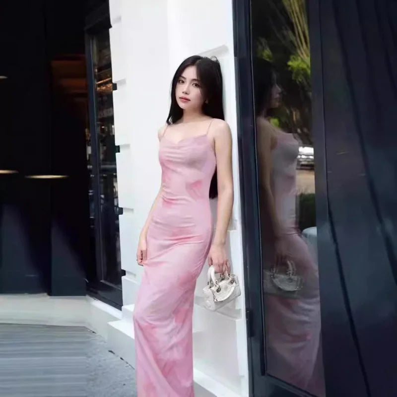 European and American Women's Fashion New Sweet and Spicy Style Off-Shoulder Mesh Printed Long Camisole Dress