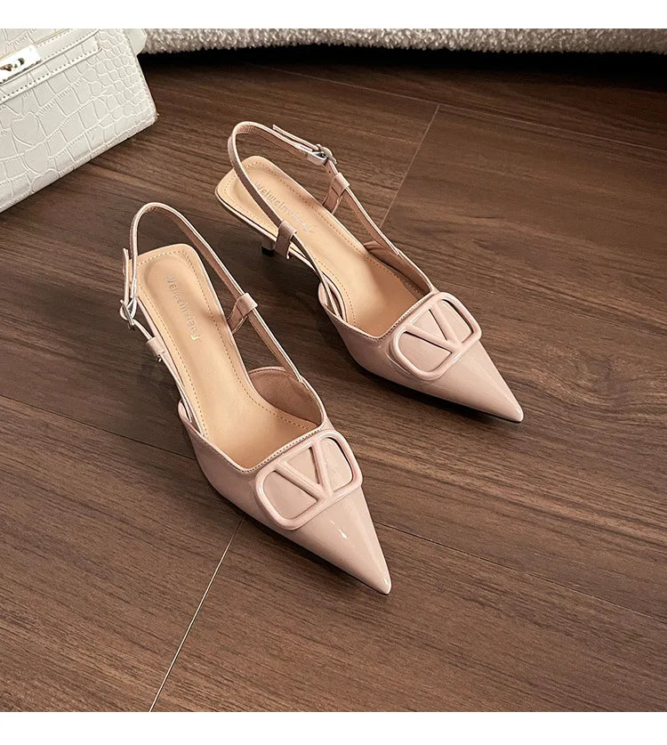 2025 Summer New 41-42 Large Size French Sandals Women's V Buckle Pointed Stilettos, Rear Empty Skirt High Heels