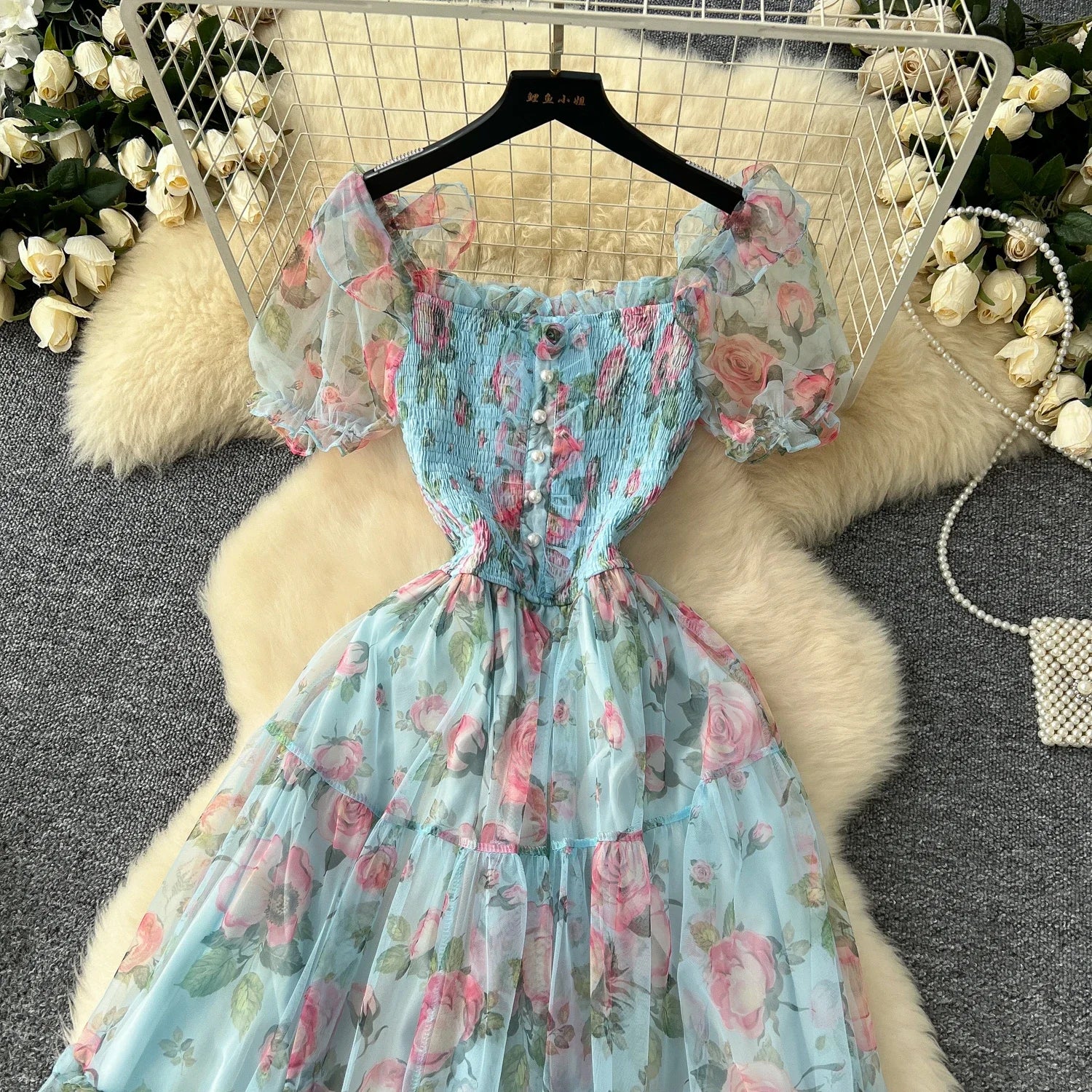 Retro Floral Chiffon Dr Women's Waist Cinched One oulder Bubble Sve Me Skirt Commute Korean Sle High Waist A-Line...