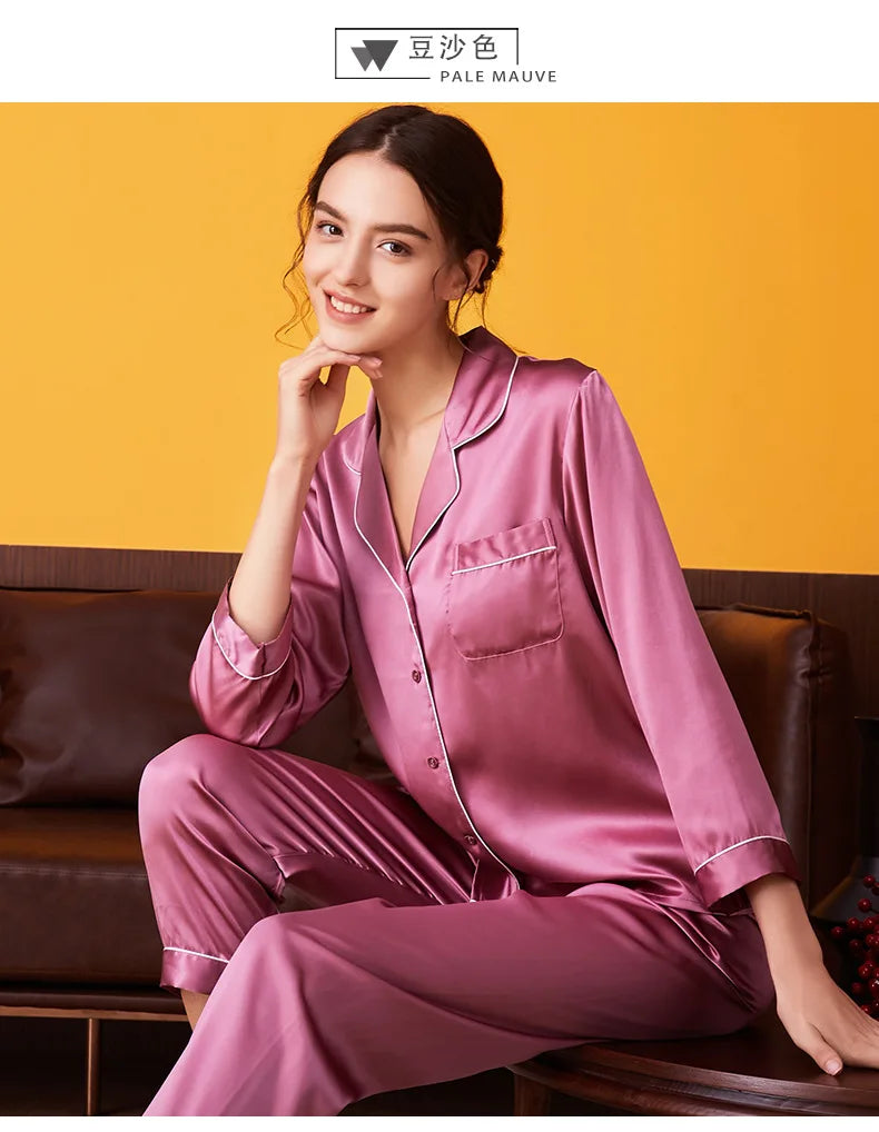 100% Mulberry Silk Pajamas Women Summer Winter Spring Long-sleeved Two-piece Couple Home Service Silk Pajamas For Lady