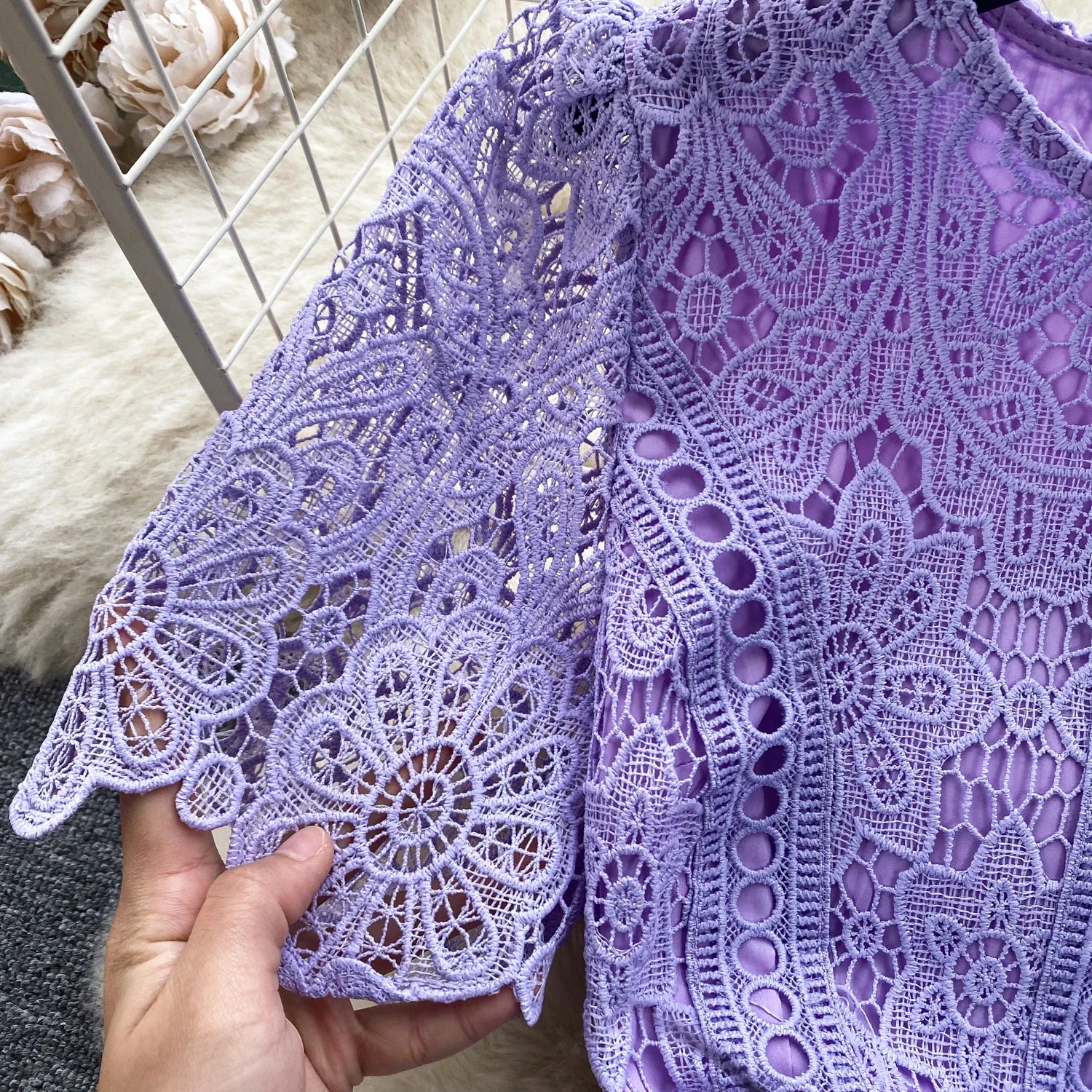 Embroidery Crochet Hollow Out Lace Dress For Women Summer Fashion Runway Short Sleeve Slim Waist Casual Party Midi Vestidos 6931