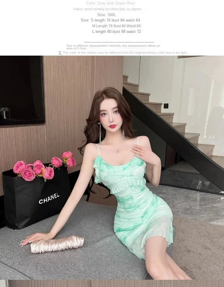 Summer French Pure Sexy Mesh Printed Suspender Dress Waist Pleated Bag