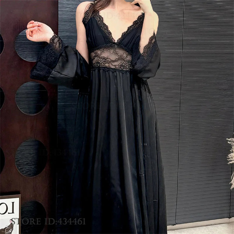 Burgundy Satin Long 2PCS Robe Nightgown Set Spring Summer Women Sleepwear Bathrobe Sexy Lace Nightgown Loose Homewear Loungewear
