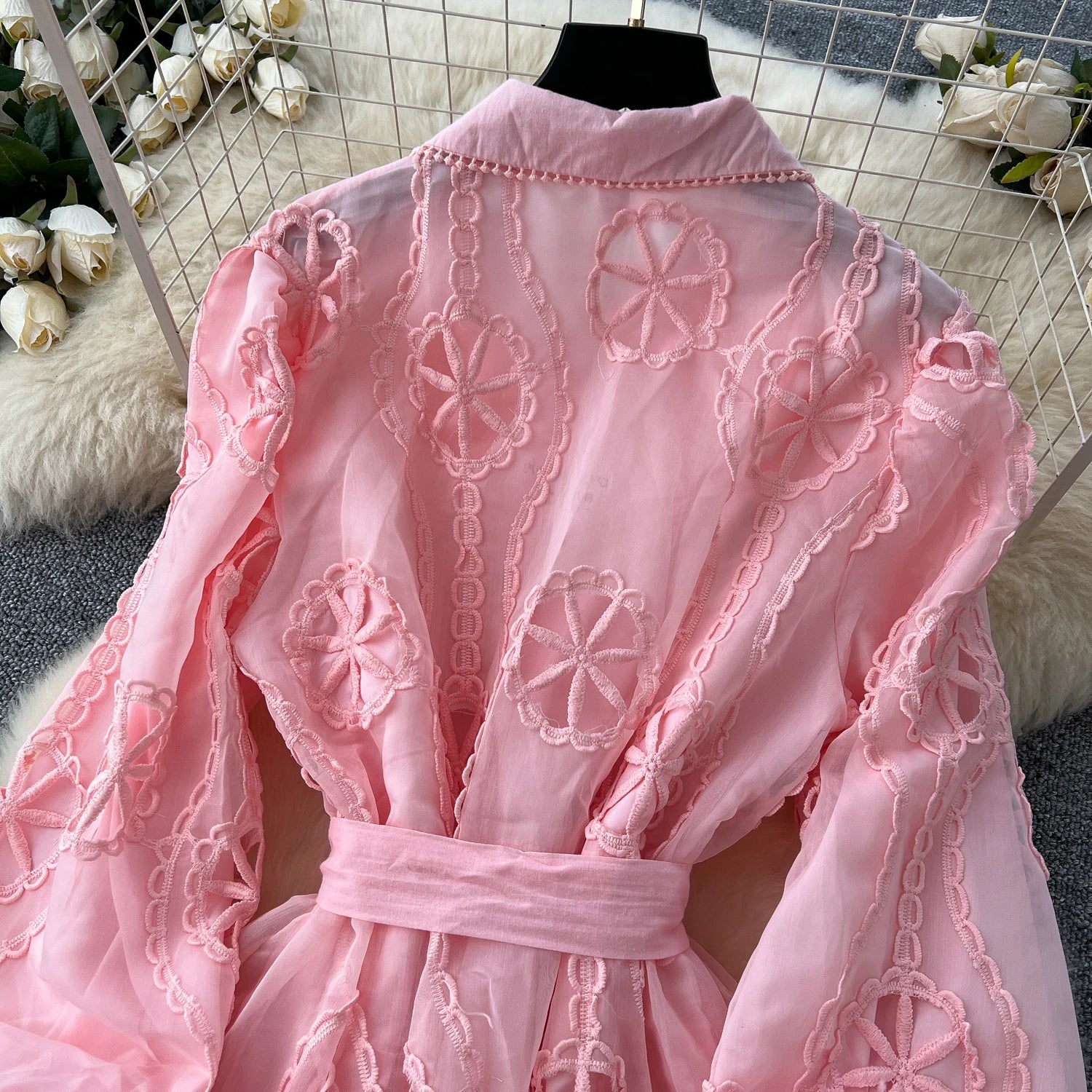 Elegant Embroidery Vintage Lantern Sleeves Lapel Single Breasted Chic Bandage Slim Long Dresses Women High Street Clothing