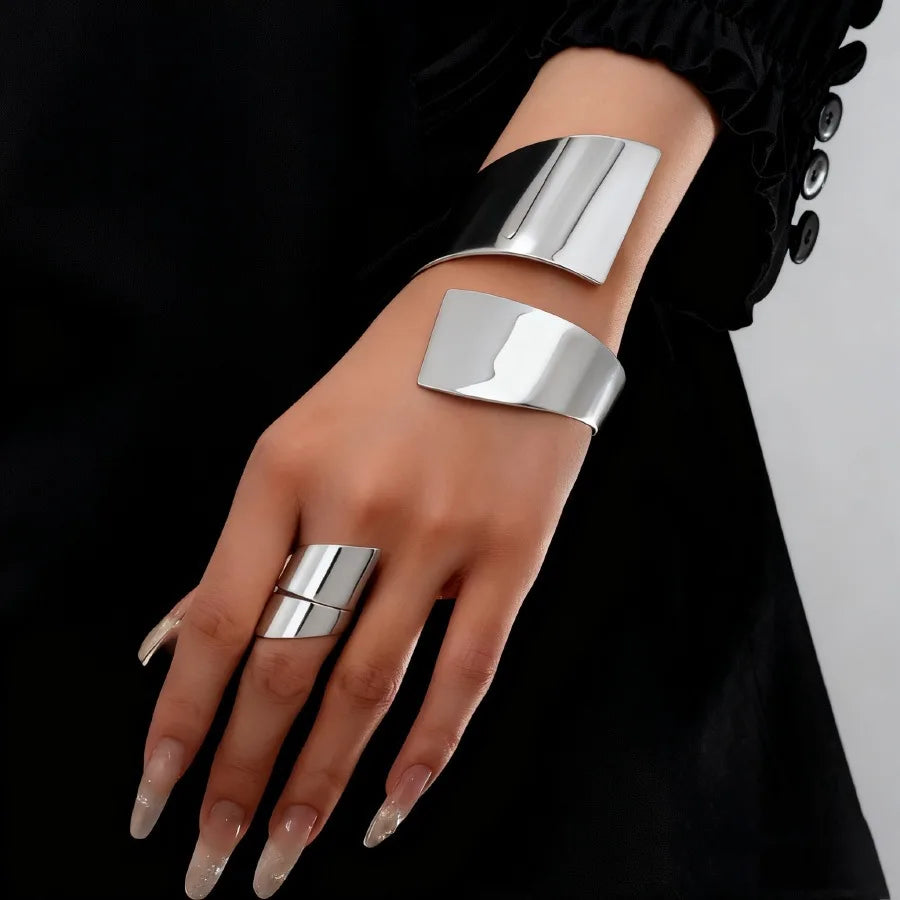 Exaggerated Creativity Irregular Geometric Wide Cuff Bracelet Ring Set for Women Simple Fashion Hand Jewelry Hot Sale Party Gift