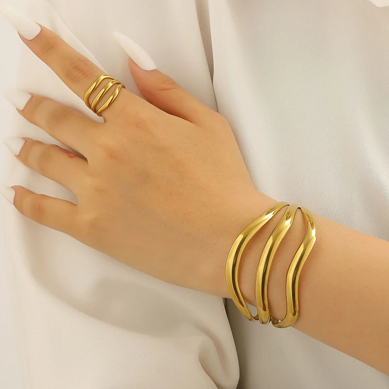 Stainless Steel Multi-Layer Wave Open Bracelet Rings Set for Women Simple Metal Twisted Lines Hand Chain Fashion Banquet Jewelry