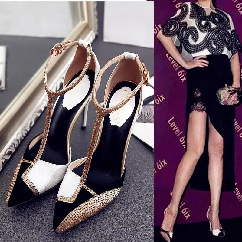 Spring and summer pointed toe hollow patent leather shoes thin high-heeled banquet dress large size small size women's sandals
