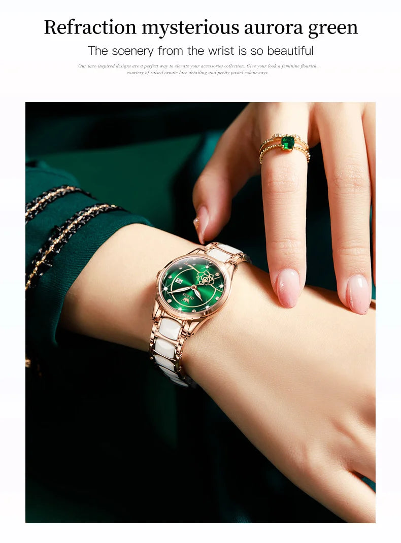 OLEVS 3606 Luxury Women Watch Camellia Quartz Japan Movement 30M Waterproof Watch For Women Ceramics Women Mechanical Watch