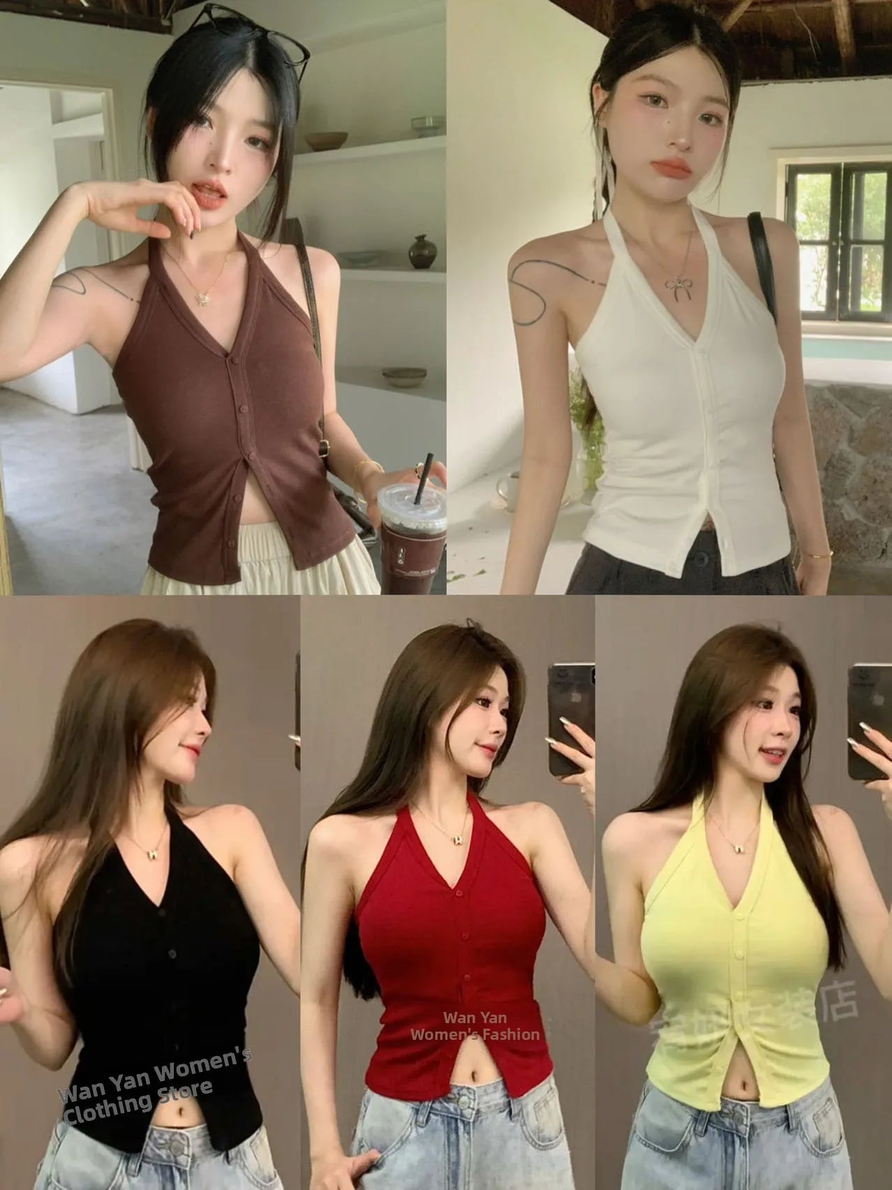 Sexy Spicy Girl Pure Color Design V-Ne Hanging Ne Vest Women's Summer Slim ort Matched with Chest Pad Top