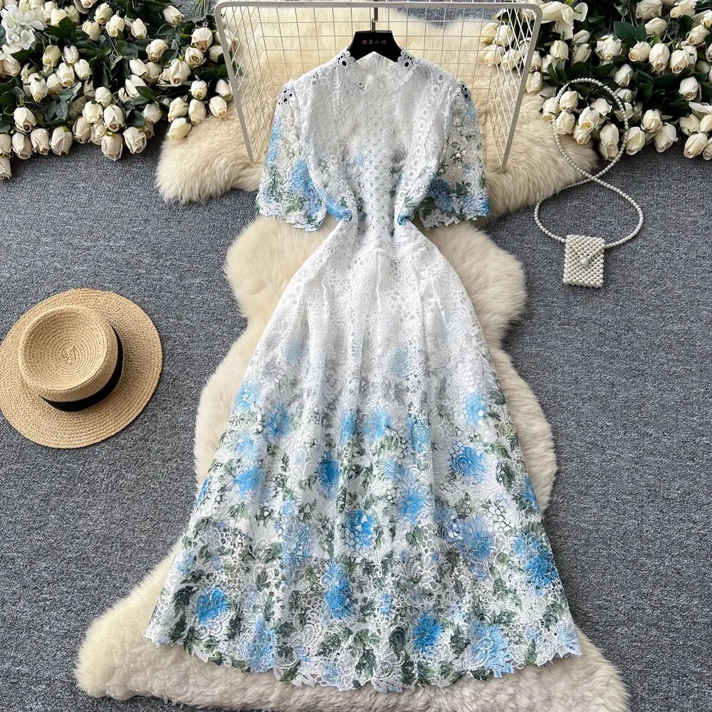 Designer Runway Summer White Flower Embroidery Evening Dress Women Short Sleeve Sexy Hollow Out Waist Long Vestidos Lace Dresses