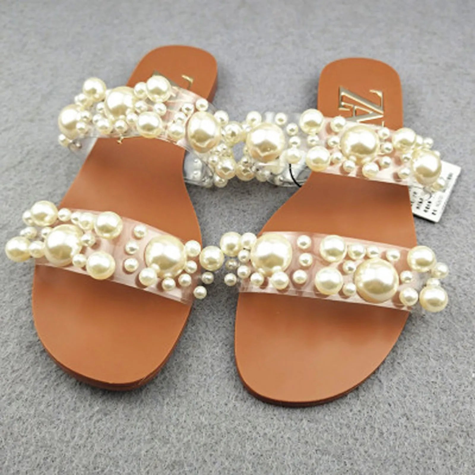 Bohemian Style Women's Pearl Open-Toe Flat Sandals Crystal Flip-Flops Summer New 2025 Transparent Flat Sandals