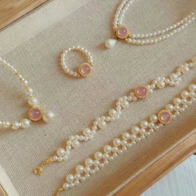 Charm Pearl Jewelry Sets for Women Fashion Temperament Pink Blossom Powder Zircon Pendant Necklace Ring Earrings Wedding Gifts
