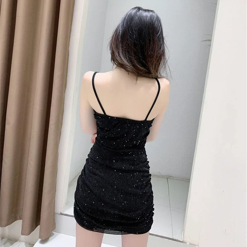 Women Sexy Sparkly Sequin Camisole Party Dress Lady Fashion Wine Red Sleeveless Slim Fit Dress Female Nightclub Backless Dress