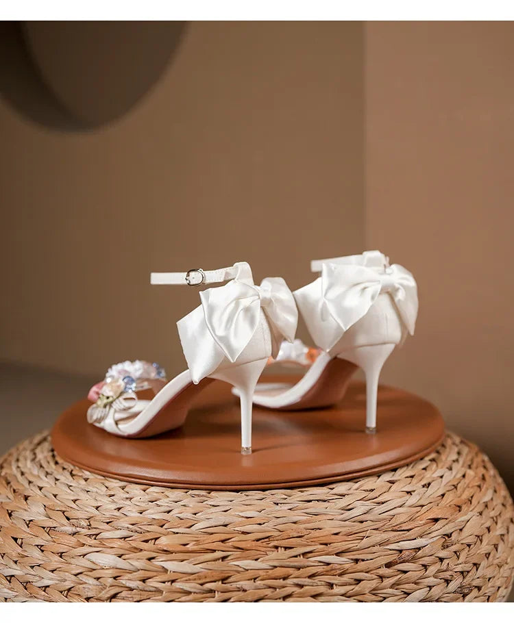 Summer Fashion Shoes Woman Pumps Open Toe Satin Flower Bow Buckle High Heels Ladies Sandals Women's Dress Wedding Party Shoes