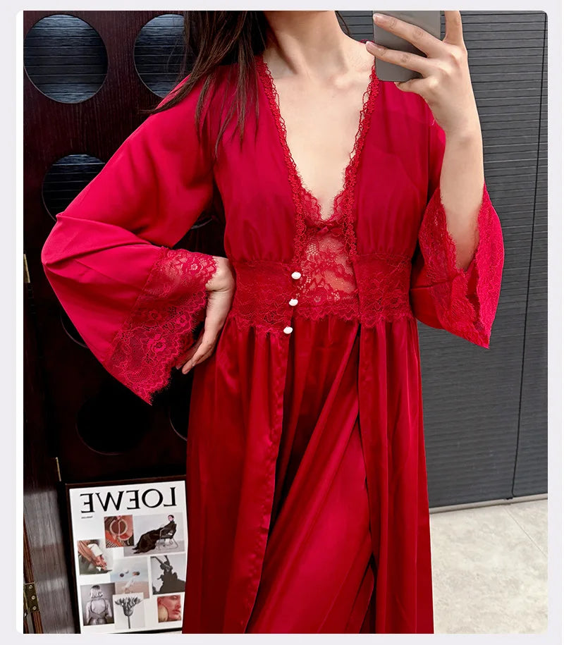 Burgundy Satin Long 2PCS Robe Nightgown Set Spring Summer Women Sleepwear Bathrobe Sexy Lace Nightgown Loose Homewear Loungewear