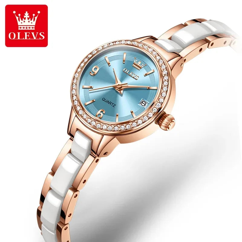OLEVS Luxury Quartz Watch Women Elegant Ceramics Strap Waterproof Auto Date Luxury Lap Ladies Watches 7093