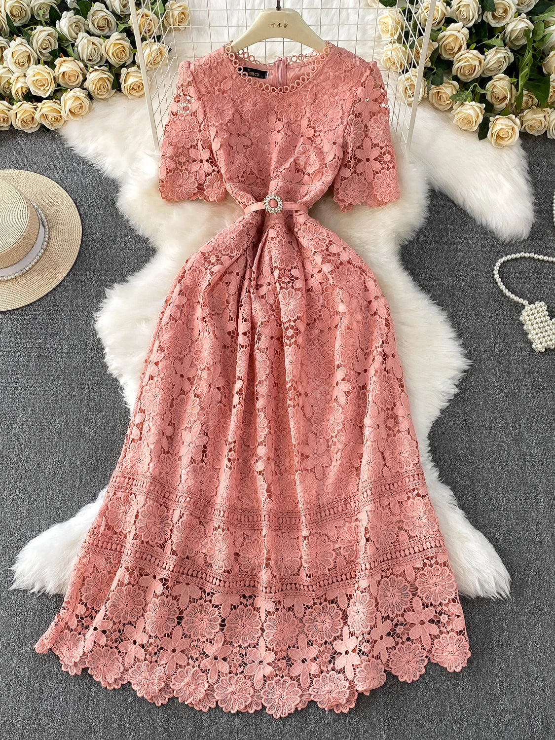 Brand Design Summer Embroidery Lace Long Dress Women Hollow Out Short Sleeve Midi Dresses Lady Belt Prom Evening Party Vestidos