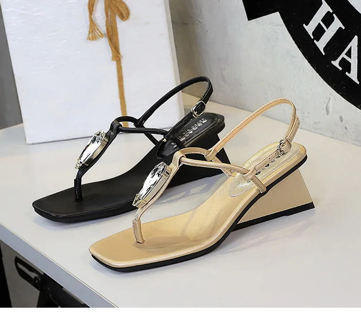 Wedge Heel with Herringbone Sandals Women's Rhinestone Thin Strap Toe Women's High Heels