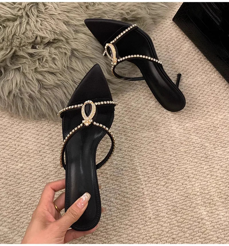 Luxury Rhinestones Gem Women Slippers Sandals Elegant Pointed toe Stiletto High heels Mules Slides Fashion Summer Party Shoes