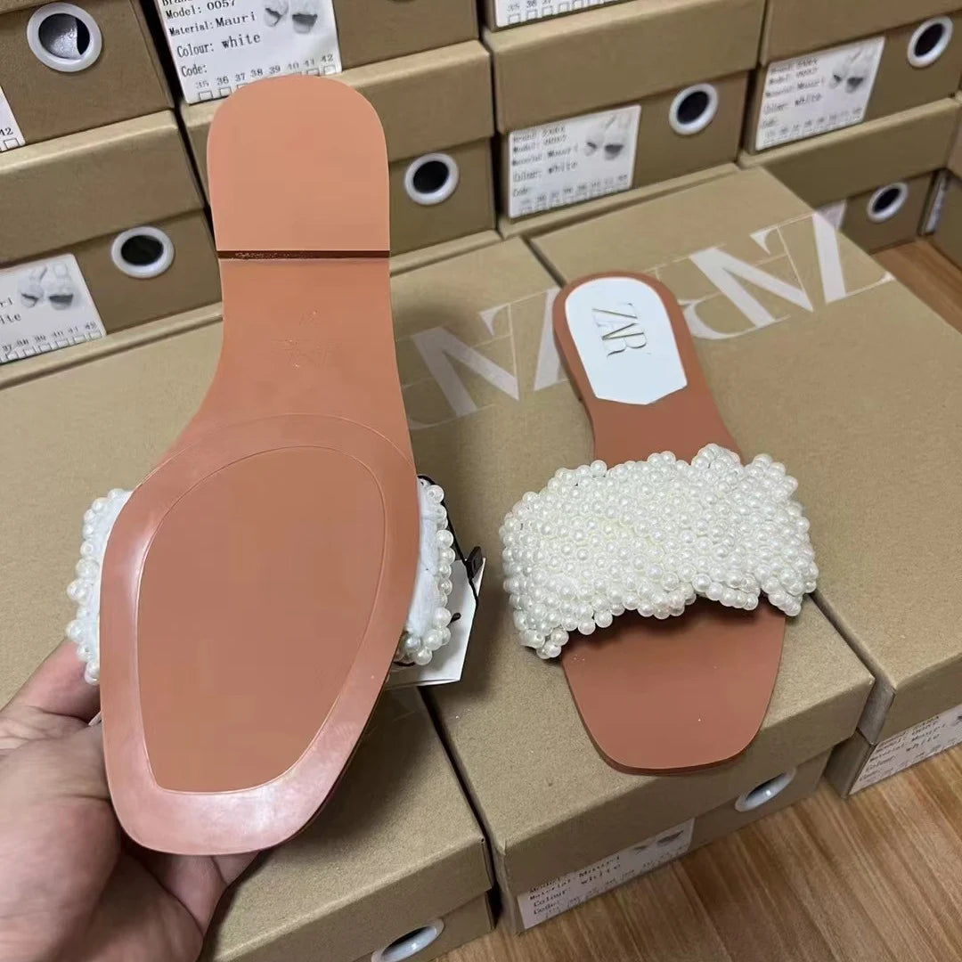 2025 Summer New Product Women's Shoes White Pearl Weaving Flat Sandals Outerwear Fashion Cool Slippers Pearl Bag Shoe Bag Set