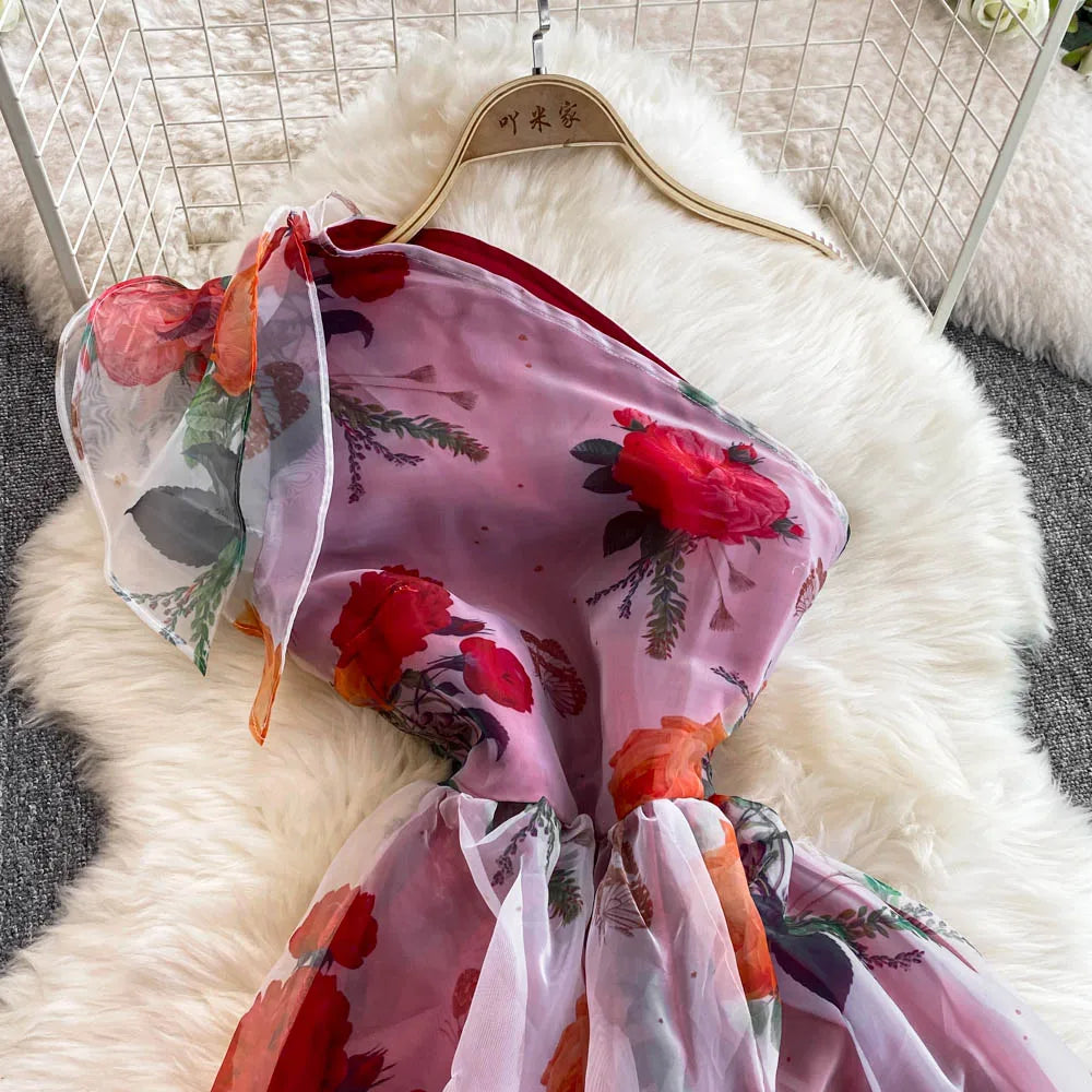 American Chic Maxi Dress for Women Floral Printed Skew Collar Sleeveless Female Dresses A-line Evening Club Vestidos Dropship