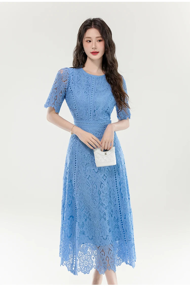 High Quality Lace Hollow Out Women Long Elegant Office Dress Summer French Chic Casual Vintage Purple Short Sleeve A-line Dress