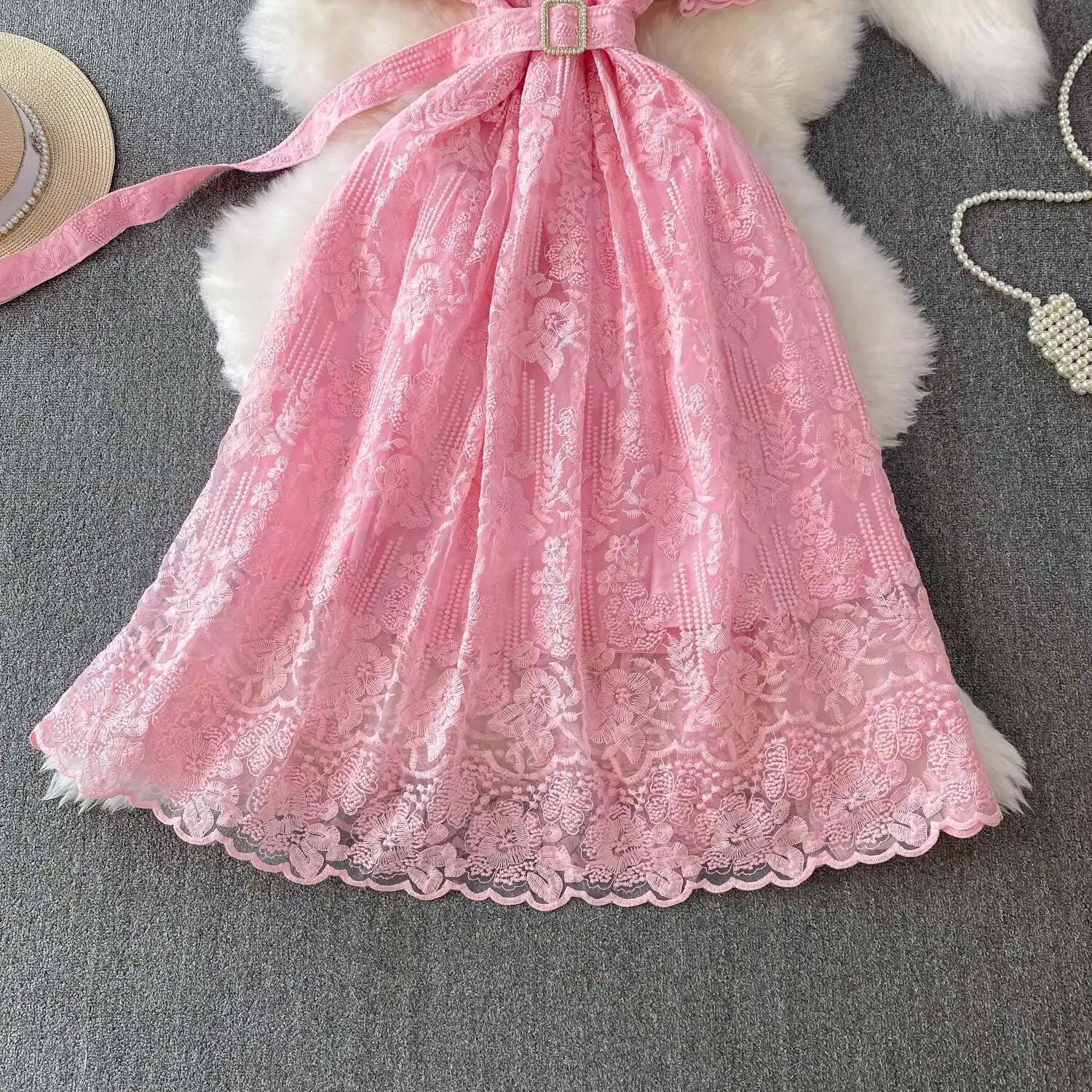 Luxury Formal Evening Lace Dress Women Summer Short Sleeve Crochet Embroidery Prom Long Dresses Runway Party Vestidos