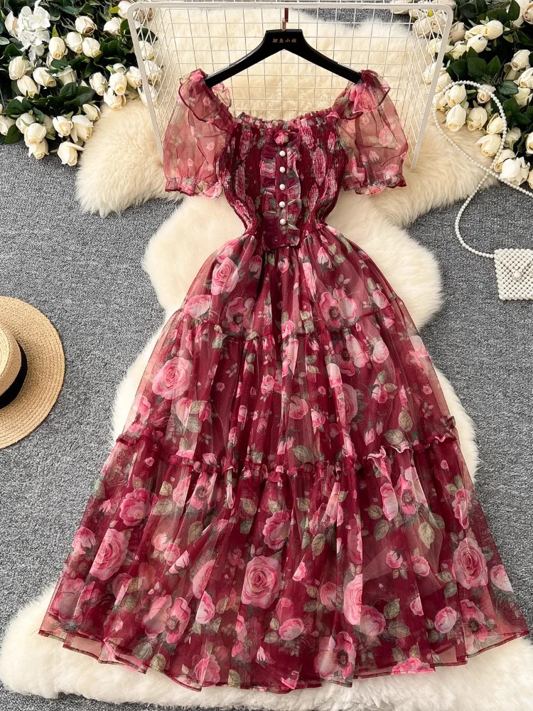 French Sweet Long Dresses Flower Print Slash Neck Puff Sleeve Pleated Patchwork Dress Summer Fashion Elegant Women Clothing 2025