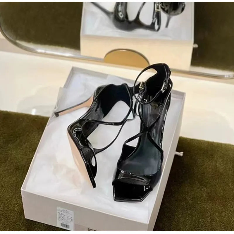 Fashion Patent Leather Peep toe Women Gladiator Sandals Sexy Narrow band Ankle Strap Gold Stiletto High heels Summer Party Shoes