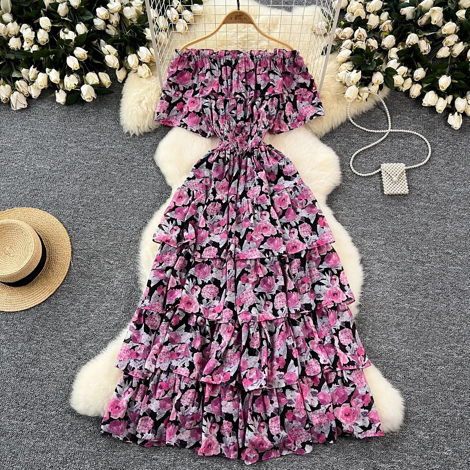 French Vintage Off Shoulder Short Sleeve Ruffle Tiered Long Dresses Chic Casual Beach Vacation Women Summer Chiffon Clothing