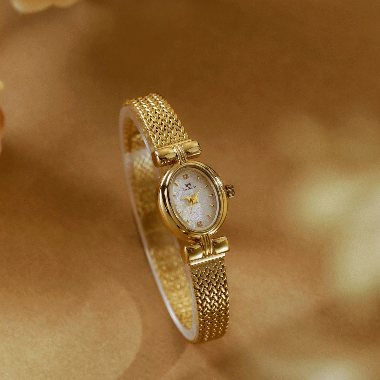 BS Original Brand Watch For Woman Oval Gold Mesh Strap Vintage Watch Women Ladies Quartz Watches Luxury Birthday Gifts Women