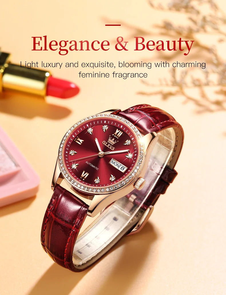 OLEVS Fashion Women Mechanical Watches Luxury Diamond Ceramic Strap Waterproof Luminous Week Calendar Automatic Watch For Women