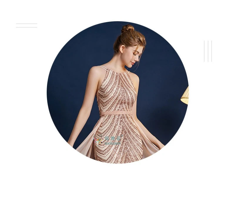 Chic High Sleeveless Sexy Backless Beading Sequined Mermaid Formal Evening Dresses Birthday Party Prom Gowns Elegant Luxury