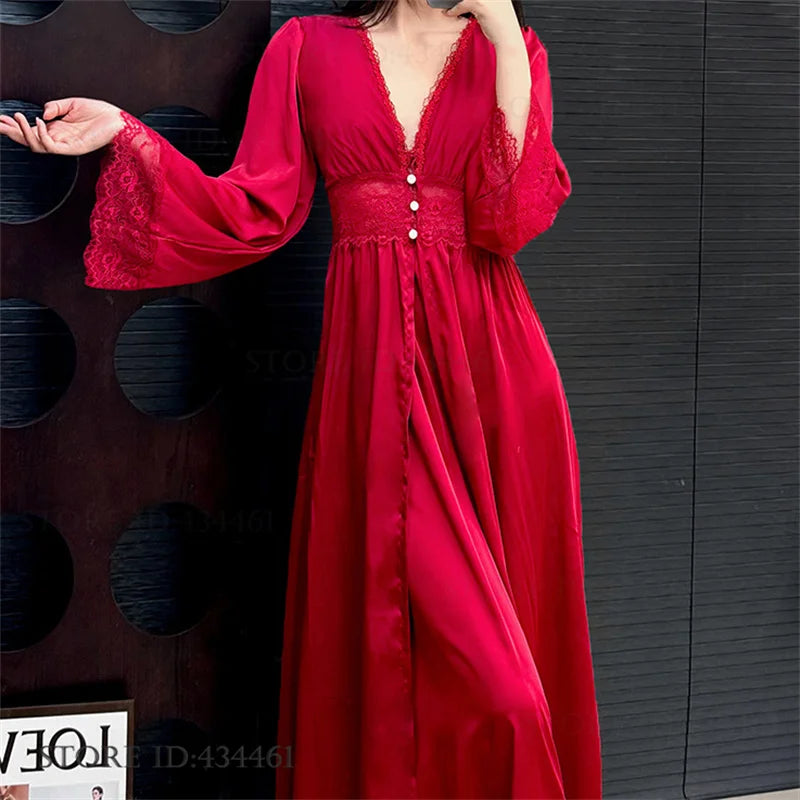 Burgundy Satin Long 2PCS Robe Nightgown Set Spring Summer Women Sleepwear Bathrobe Sexy Lace Nightgown Loose Homewear Loungewear