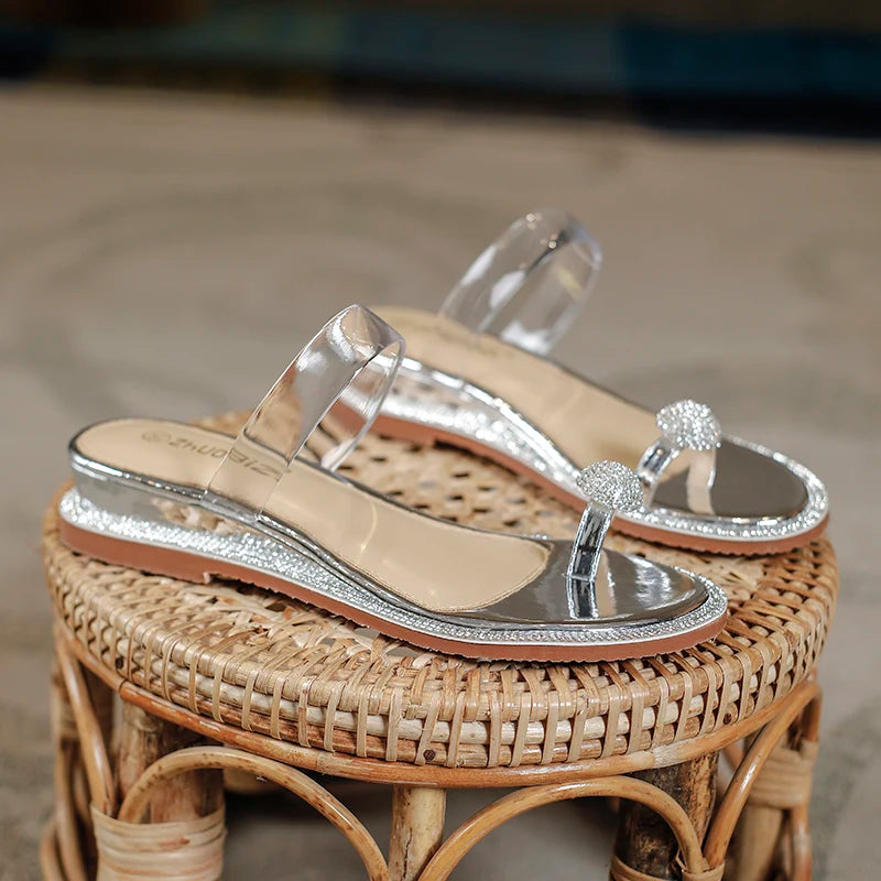 Rhinestone Fashion Sandals 2024 New Wedge Silver Sexy Women Summer Sandals Transparent Slippers