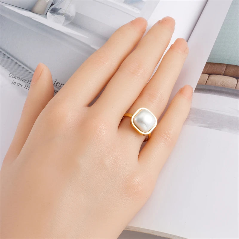 DIEYURO 316L Stainless Steel Square Large Pearl Necklace Earrings Ring For Women Girl New Party Gift Fashion Jewelry Set Bijoux