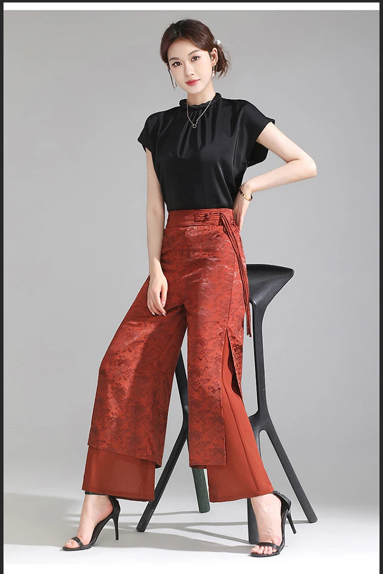 Chiffon Wide Wide Trousers Female Elegant Vintage New Pants Summer Thin Split Loose Skirt Pants Women Black Green
