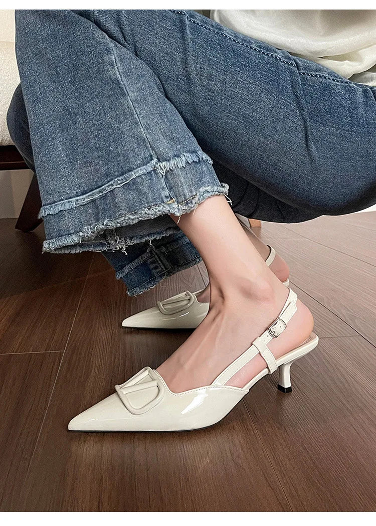 2025 Summer New 41-42 Large Size French Sandals Women's V Buckle Pointed Stilettos, Rear Empty Skirt High Heels