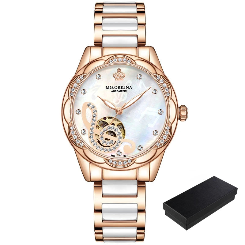 2025 New Designer Mechanical Watches Women Luxury Top Brand Ceramic Stainless Steel Diamond Music Ladies Automatic Wristwatches
