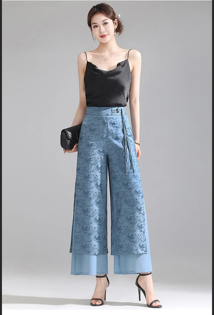 Chiffon Wide Wide Trousers Female Elegant Vintage New Pants Summer Thin Split Loose Skirt Pants Women Black Green